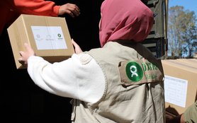 Oxfam staff deliver hygiene kits at a collective shelter south of Beirut on March 5th, 2026.