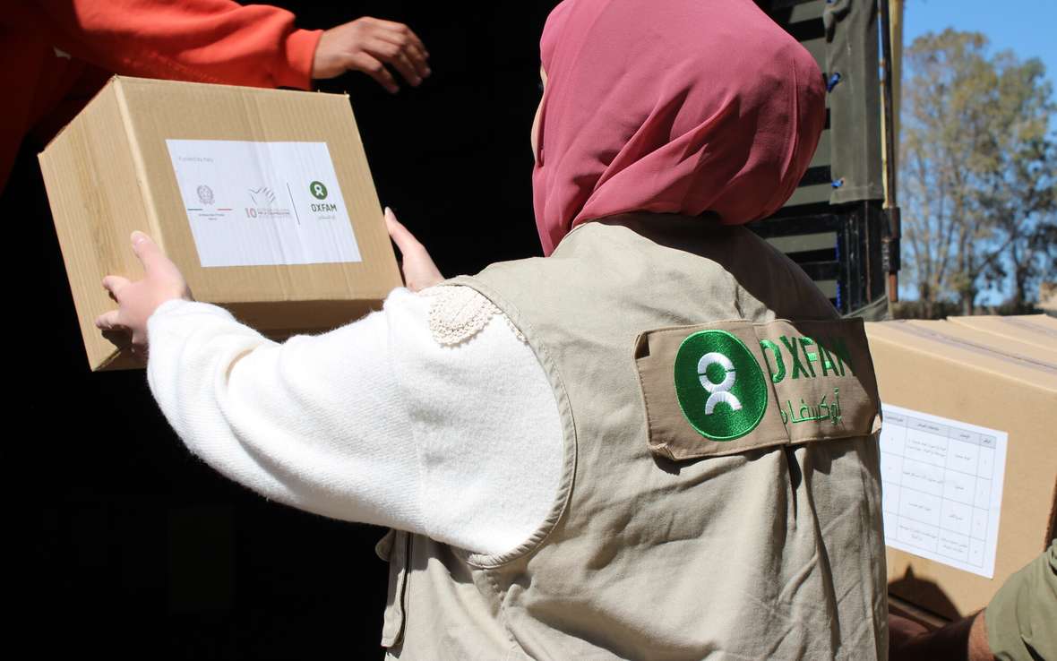  Oxfam staff deliver hygiene kits at a collective shelter south of Beirut on March 5th, 2026. 