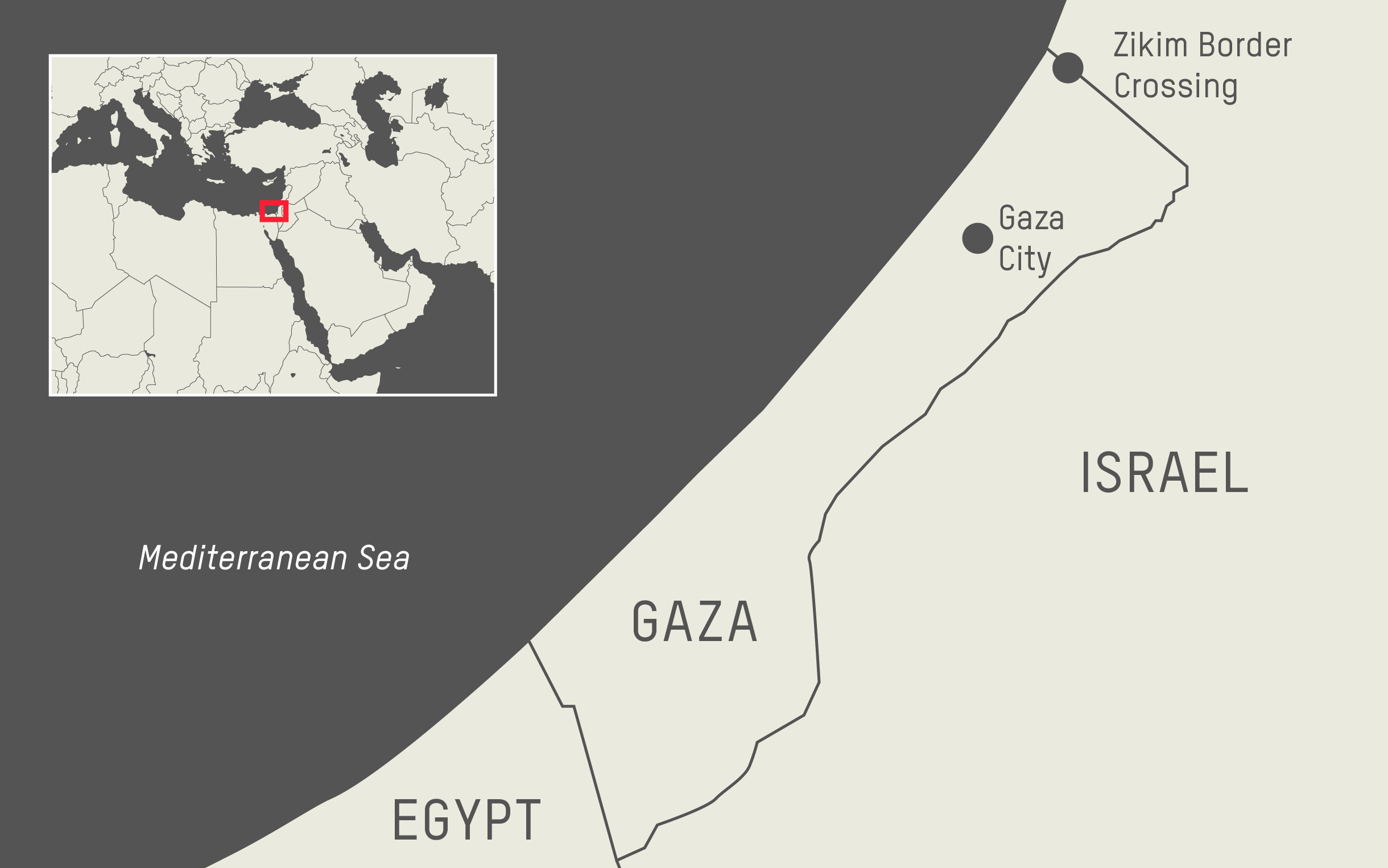 A map showing the Zikim Border Crossing near Gaza City.