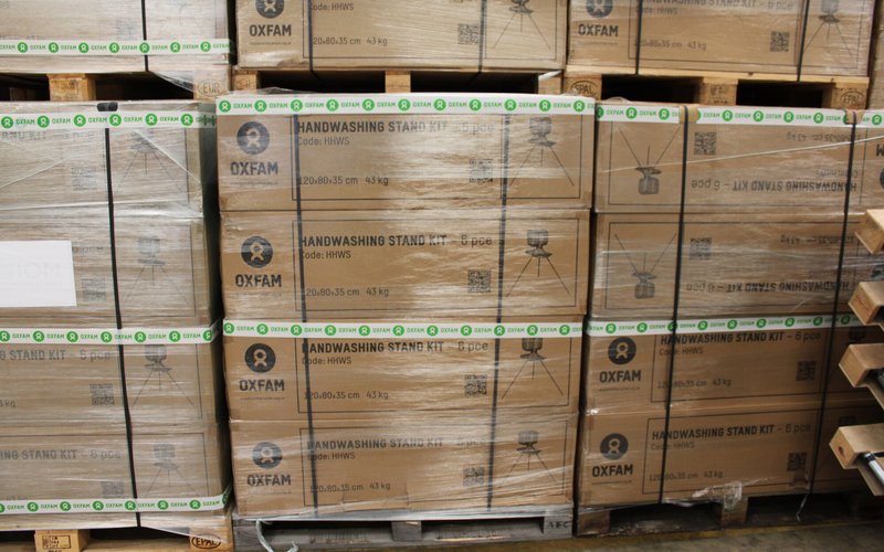 Oxfam prepares a shipment of humanitarian aid to support Palestinians in Gaza.